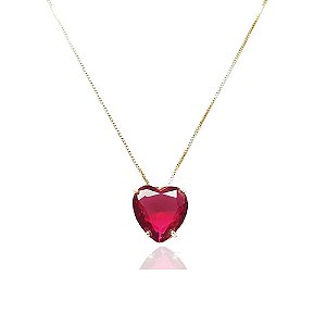 Colar Coração Com Pedra Natural Vermelho Rubi Folheado A Ouro