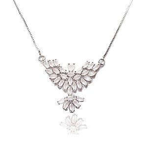 Colar Fênix Pedras Mini Cristais Navetes Rosa Leitoso Folheado Em Ródio Branco