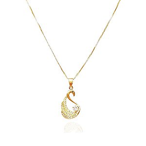 Colar Cisne Com Micro Zircônias Ponto De Luz Folheado a Ouro
