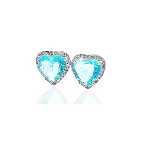 Brinco Coração Pedra Natural Azul Claro Topázio Zircônias Folheado Ródio Branco