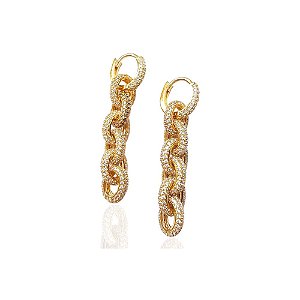 Brinco Argola Corrente de Elos Cravejado em Zircônias Folheado a Ouro