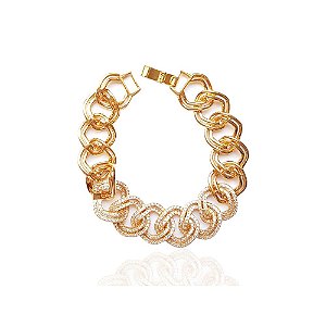 Pulseira Corrente de Elos Duplos Cravejada em Zircônias Folheado a Ouro