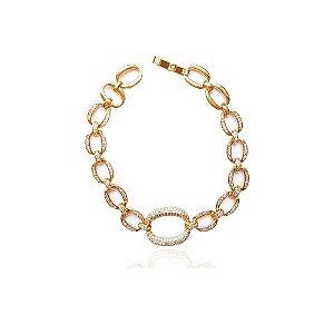 Pulseira Corrente de Elos Retos Cravejada em Zircônias Folheado a Ouro