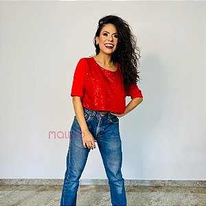 T SHIRT GLAN PAETÊ VERMELHA
