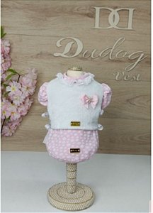 BABY LOOK ROSA/FLORES C/ COLETE PELÚCIA BRANCA