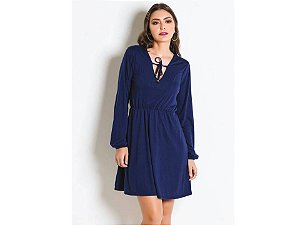 VESTIDO MARINHO COM MANGAS LONGAS E AMARRAÇÃO