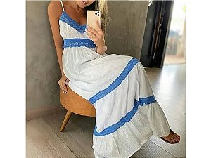 VESTIDO LONGO BRANCO COM FAIXAS VERDES