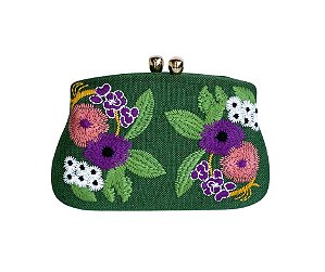 Bolsa Clutch Bordada Flores Verde