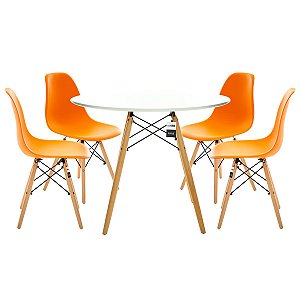 Conjunto Mesa Eiffel 90cm Branca + 4 Cadeiras DSW Eiffel Design Charles Eames Laranja