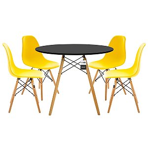 Conjunto Mesa Eiffel 90cm Preta + 4 Cadeiras DSW Eiffel Design Charles Eames Amarela