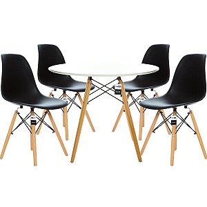 Conjunto Mesa Eiffel 90cm Branca + 4 Cadeiras DSW Eiffel Design Charles Eames Preta