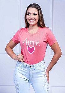 T-SHIRT FEMININA - AMOR CORAÇÃO - COR ROSA BATOM