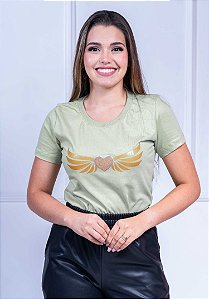 T-SHIRT FEMININA - CORAÇÃO ASAS - COR VERDE CLARO