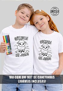 CAMISETA INFANTIL CRISTÃ PARA COLORIR - OVELHINHA DE JESUS - COR BRANCO
