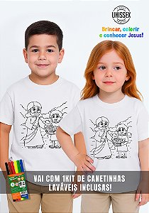 CAMISETA INFANTIL CRISTÃ PARA COLORIR - MULTIPLICAÇÃO DE PÃES E PEIXES - COR BRANCO