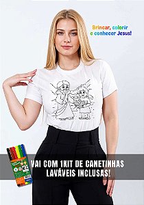 CAMISETA FEMININA CRISTÃ PARA COLORIR - MULTIPLICAÇÃO DE PÃES E PEIXES - COR BRANCO