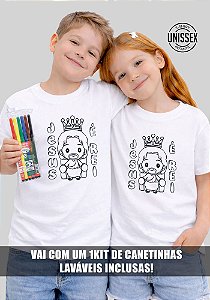 CAMISETA INFANTIL CRISTÃ PARA COLORIR - JESUS É REI - COR BRANCO