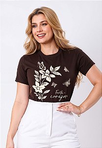 T-SHIRT FEMININA - FORTE E CORAJOSA - COR MARROM