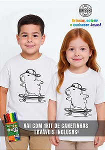 CAMISETA INFANTIL  PARA COLORIR - CAPIVARA SKATE - COR BRANCO