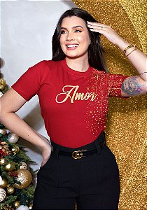 T-SHIRT FEMININA - AMOR ESTRELAS - COR VERMELHO