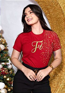 T-SHIRT FEMININA - FÉ ESTRELAS - COR VERMELHO