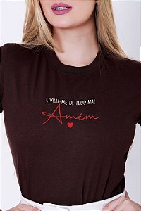T-SHIRT FEMININA - LIVRAI-ME DE TODO MAL - COR MARROM