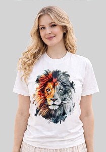 T-SHIRT FEMININA - LEÃO COLORIDO - COR MARFIM