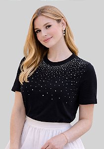 T-SHIRT FEMININA - STRASS GOLA