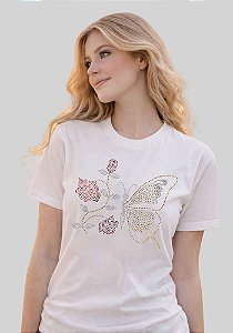 T-SHIRT FEMININA - BORBOLETA FLOR STRASS - COR MARFIM