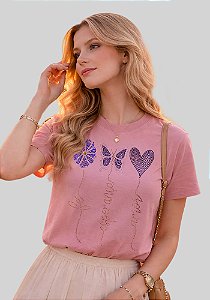 T-SHIRT FEMININA - FÉ, ESPERANÇA, AMOR - STRASS - COR ROSA CLARO