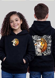 INFANTIL UNISSEX - MOLETOM CAPUZ COM BOLSO - MORREU E RESSUSCITOU COMO UM LEÃO - COR PRETO