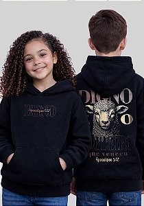 INFANTIL UNISSEX - MOLETOM CAPUZ COM BOLSO - DIGNO É O CORDEIRO - COR PRETO