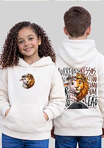 INFANTIL UNISSEX - MOLETOM CAPUZ COM BOLSO - MORREU E RESSUSCITOU COMO UM LEÃO - COR MARFIM