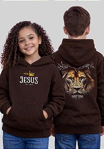 INFANTIL UNISSEX - MOLETOM CAPUZ COM BOLSO - LEÃO ELE VIVE COROA - COR MARROM