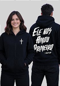 MOLETOM COM ZIPER CANGURU - ELE NOS AMOU PRIMEIRO - COR PRETO