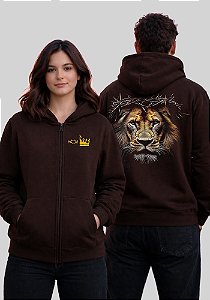 MOLETOM COM ZIPER CANGURU - LEÃO ELE VIVE COROA - COR MARROM