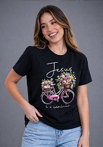 T-SHIRT FEMININA - JESUS É O CAMINHO BICICLETA - COR PRETO