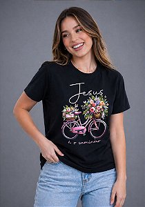 T-SHIRT FEMININA - JESUS É O CAMINHO BICICLETA - COR PRETO