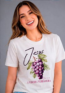 T-SHIRT FEMININA - JESUS A VIDEIRA VERDADEIRA - COR MARFIM