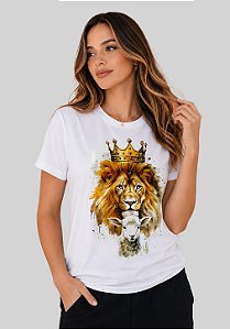 T-SHIRT FEMININA - COROA LEÃO CORDEIRO COLORIDO - COR MARFIM