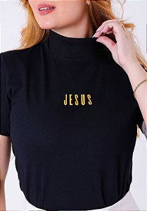 T-SHIRT GOLA ALTA - JESUS - ALTO RELEVO- PRETO