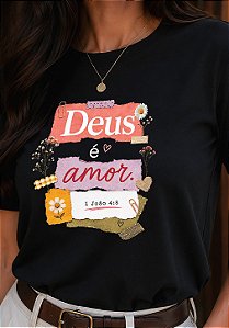 T-SHIRT FEMININA - DEUS É AMOR FLORES - COR PRETO