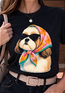 T-SHIRT FEMININA - CACHORRO COM LENÇO - COR PRETO