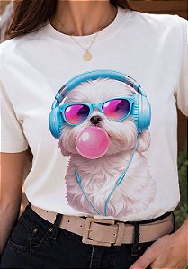 T-SHIRT FEMININA - CACHORRO COM FONE - COR MARFIM
