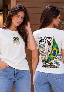T-SHIRT FEMININA - NAÇÃO SANTA - COR MARFIM