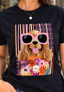 T-SHIRT FEMININA - CACHORRO FLORES - COR PRETO