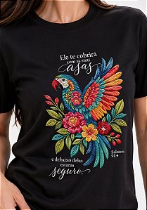 T-SHIRT FEMININA - ARARA SUAS ASAS - COR PRETO