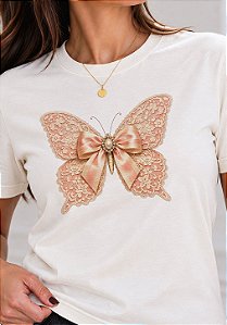 T-SHIRT FEMININA - BORBOLETA RENDA COM LAÇO - COR MARFIM