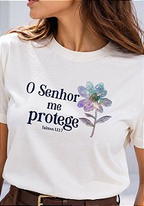 T-SHIRT FEMININA - O SENHOR ME PROTEGE - COR MARFIM