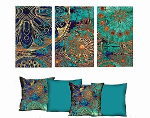 Quadro Mandala Azul Tiffany TRIO + 4 capas de almofada